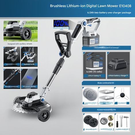 Tondeuse à gazon 21 V, 6,0 Ah, 2 batteries au lithium, avec kit de montage de lame, avec accessoires de montage, tondeuse à gazon à moteur sans balais (1/5)