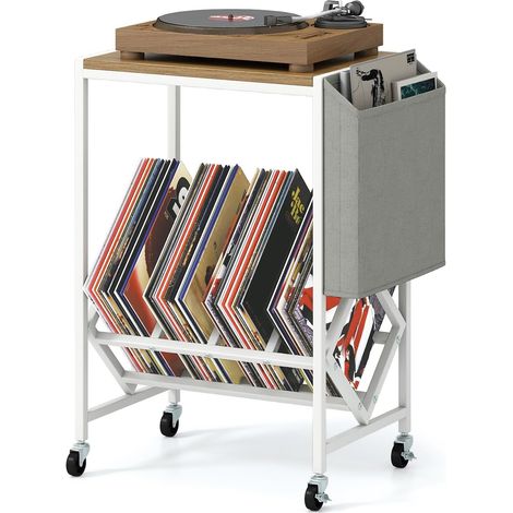 COSTWAY Meuble Platine Vinyle a Roulette, Petit Support pour Tourne-Disques avec Poche, pour 200 Albums Disques CDs, Cadre en Métal, Meuble Rangement Vinyle Hifi pour Salon, Chambre (Naturel) (1/5)