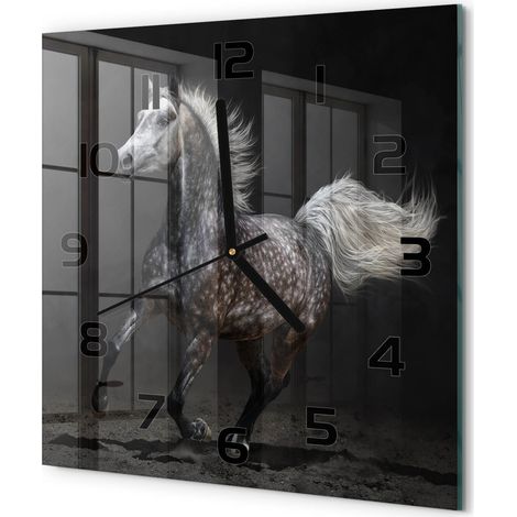Horloge Murale Carrée Sans Cadre en Verre Trempé Silencieuse et Moderne Cheval arabe gris 30x30 cm (1/5)