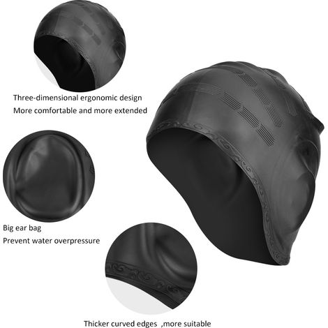 Bonnet de bain en silicone pour cheveux longs avec protection d'oreilles, idéal pour la natation sportive, confortable et étanche, couleur noir.