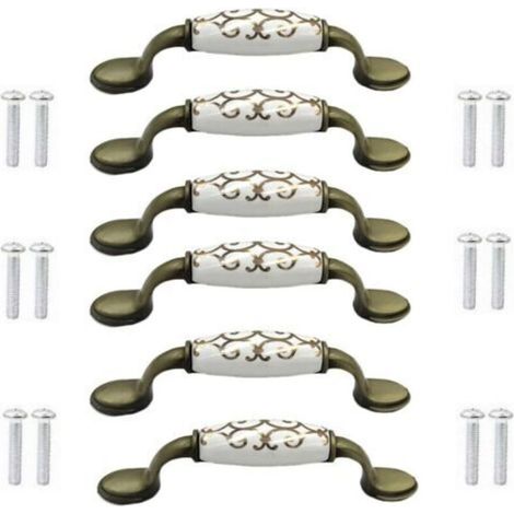 (6 pieces) Bronze alloy ceramic door knobs for cabinet, wardrobe, closet, Chinese style bronze handle