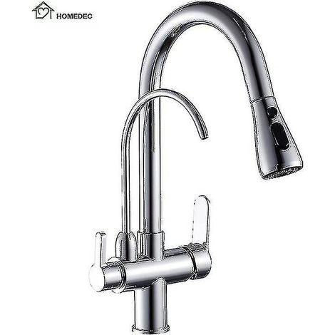 Robinet de cuisine 3 en 1 (argenté) avec robinet d'eau potable et douchette extractible 3 fonctions (1/5)