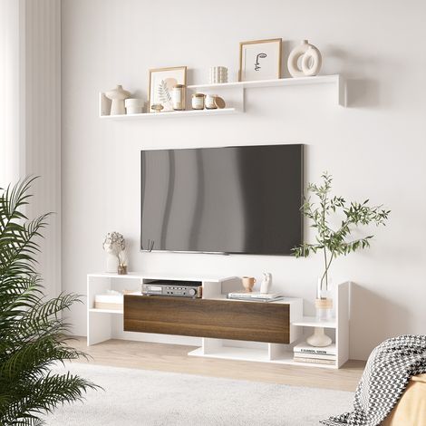 Armoire TV avec étagère murale - armoire TV moderne pour le salon et la chambre - étagères ouvertes et placard en bois - blanc et marron