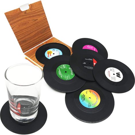 Lot de 6 Dessous de Verre rétro en Forme de Disque Vinyle pour café, Boisson, Vaisselle antidérapante (1/5)