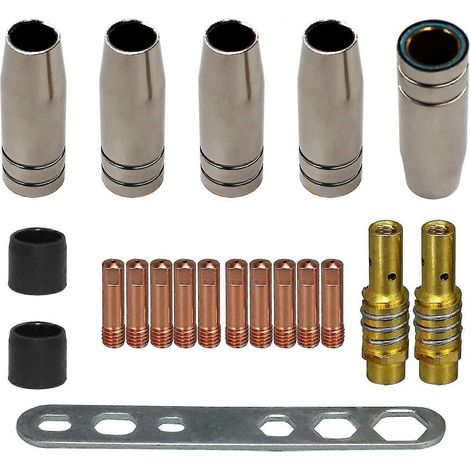 20-teiliges Set für MIG/MAG MB15 15AK Schweißen: Düsen, Kontaktspitzen (10 M6 0,8 mm Spitzen, 5 Düsen, 2 Verbinder, 2 Isolatoren, 1 Werkzeug). (1/5)