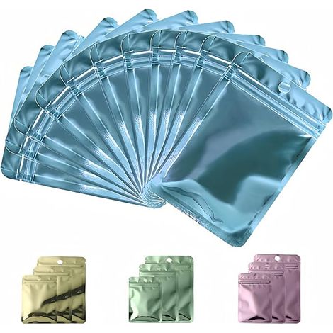 Sachets Zip Aluminium Refermable, Pochons Zip Alimentaire avec Fenêtre Transparente, Sac Mylar Hermétique pour Vente au Détail et Stockage des Objets (Bleu Métallisée, 7x10cm) (1/5)