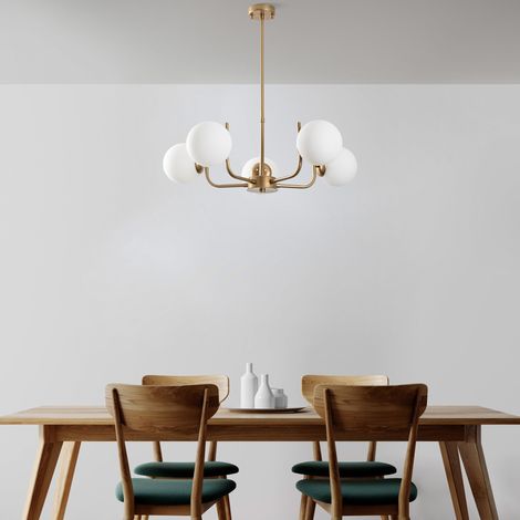 lustre doré, corps en métal, 69 cm de diamètre, hauteur 30-70 cm, 5 ampoules E14 max. 40 W, non réglable, éclairage élégant pour les espaces modernes (1/5)