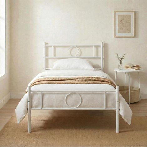 FurnitureR Metal Bed Frame, Simple and Solid Frame with Modern Decorative Circle Design, Perfect for Bedroom, Studio or Apartment, Single Size, Suitable for 90x190CM Mattress, White