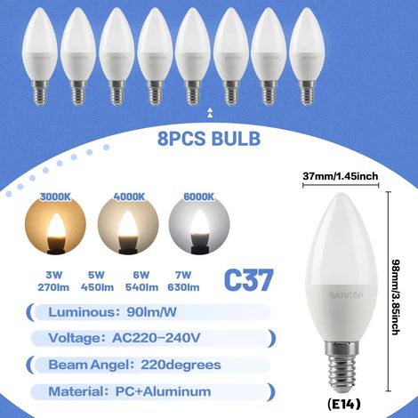 (8 ampoules, lumière naturelle 4000K) Mini ampoules LED E14 C37, adaptées à l'éclairage des chambres, cuisines, hôtels et halls d'entrée. (1/5)