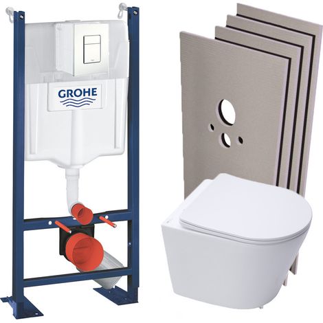Pack WC Bâti-support autoportant + WC suspendu sans bride SAT + Abattant frein de chute + Plaque Blanc + Set d'habillage