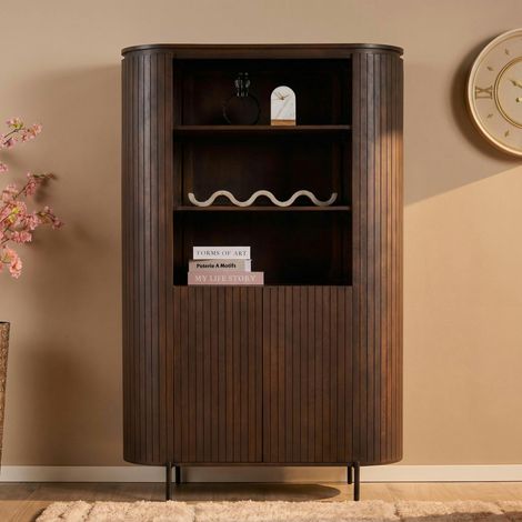 Buffet haut bois marron rainuré 2 portes 3 étagères CALERO (1/5)