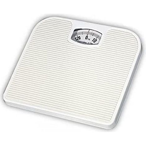 1 pèse-personne analogique, plateau en polypropylène blanc, résistant et antidérapant, capacité 130 kg, pour suivi poids quotidien à domicile