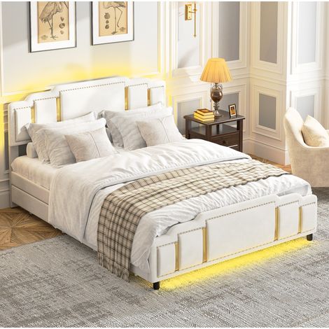 Doppelbett 140x200 cm Beige mit LED, 4 Schubladen und Samtbezug, ohne Matratze MEUBLIV (1/5)