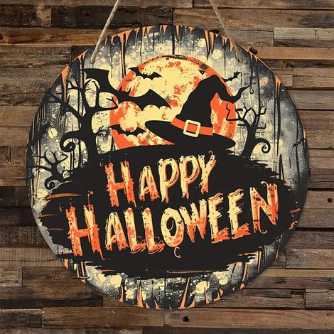 Panneau Décoratif Suspendu Halloween - Chapeau De Sorcière En Bois - Décoration De Porte Pour Fête Thématique - 1 Pièce (1/4)