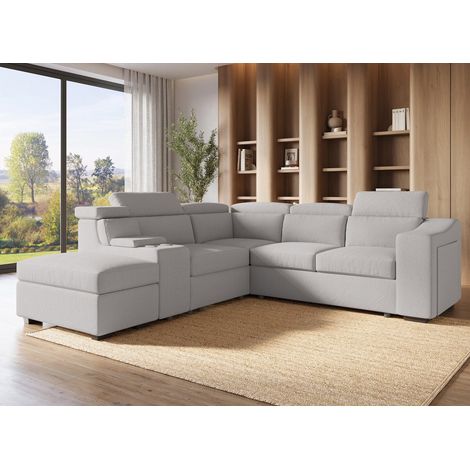 Deco In Paris – Canapé d'angle convertible en tissu beige – Grand modèle 257 cm – Couchage 127 x 198 cm – Têtières relevables – Coffre de rangement (1/5)