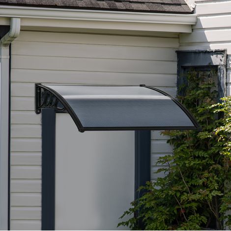 Auvent de porte 100x75 cm en aluminium et polycarbonate noir, protection UV FloraGrace (1/5)