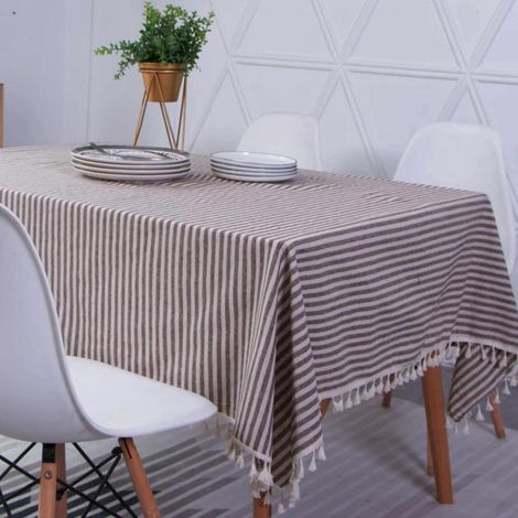 Nappe rectangulaire 140x220 cm, lavable, résistante à l'huile, coton/lin, rayures Blanc/Brun