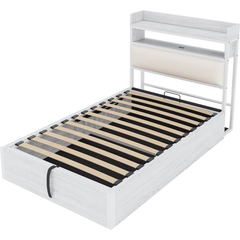 Cadre de lit 90 x 200 avec mécanisme de levage hydraulique, USB, tête de lit rembourrée, design rétro bois et métal, couche de rangement cachée, lit simple, mobilier de chambre moderne, blanc (1/5)