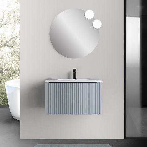Mobile bagno sospeso 70 cm azzurro polvere cannettato con cassetto e lavabo Nara (1/5)
