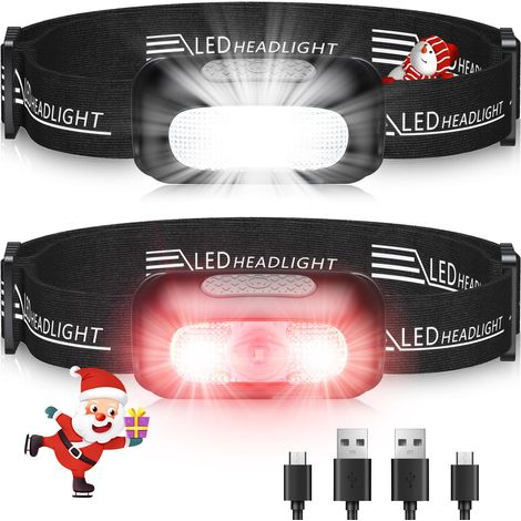 Stirnlampe, [2er-Pack] Ultrastarke wiederaufladbare LED-Stirnlampe mit 5 Modi, weißem und rotem Licht und IPX4-Wasserdichtigkeit, 60° verstellbare Lauf-Stirnlampe für Erwachsene/Kinder (1/5)