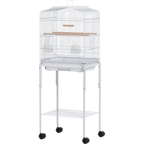 Cage à oiseaux avec roulettes, étagère, portes, 2 mangeoires, 2 perchoirs, balançoire, plateau amovible, 46,5 x 36 x 124 cm, blanche (1/5)