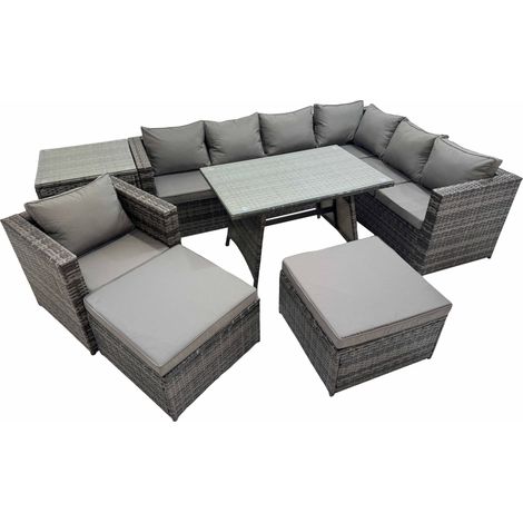 Fimous Rattan garden furniture Patio Furniture Sets with Dining Table Chair 2 Big Stools Side Table Dark Grey Mixed (1/5)