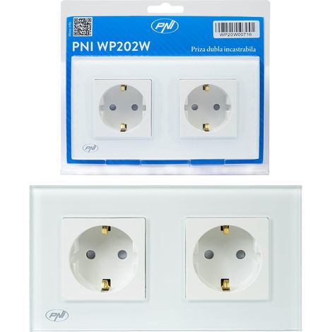 PNI WP202W - Presa doppia da incasso, con cornice in vetro, 16A, 2X3000W, 230V, bianco (1/5)