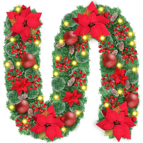 Guirlande de Noël Lumineuse avec 50 LED, Boules de Noël Rouges et Pommes de pin - pour l’intérieur et l’extérieur - pour décoration de Noël, d’escaliers, de cheminées, de Porche - 2,7 m (1/5)