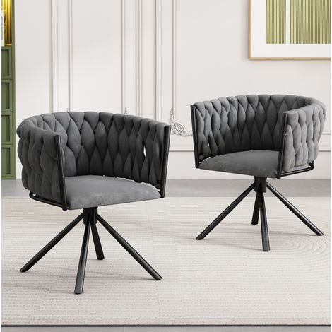 Lote de 2 sillas de comedor de terciopelo gris, silla giratoria 360 grados, con cuatro patas de metal negro (1/5)