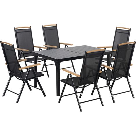 Ensemble de jardin pliant 6 personnes Outsunny, 1 table + 6 chaises, salon de jardin en aluminium maillé noir (1/5)