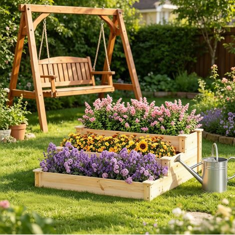 Jardinera elevada 92x92x35 cm color madera natural de madera maciza con diseño escalonado de 3 niveles (1/5)