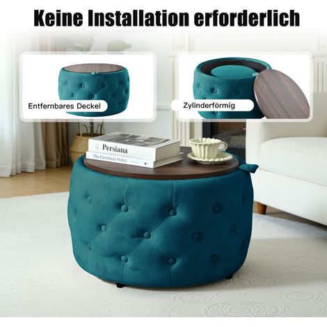 Set de 2 poufs gigognes en velours bleu, 4-en-1, repose-pieds rond avec tablette en bois, sans montage, 58x58x38 cm (1/5)