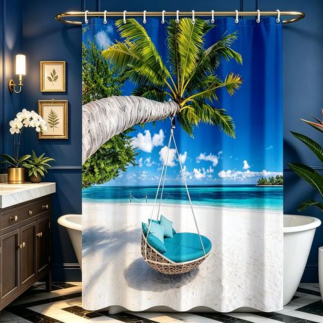 Rideau de douche 120 x 200 cm motif plage, en polyester avec ourlet lesté, anti-moisissure, imperméable, lavable, avec 8 œillets et anneaux de douche, pour salle de bain, baignoire (1/5)