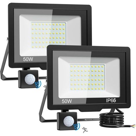 Lot de 2 lampes de sécurité extérieures avec détecteur de mouvement – LED ultra-lumineuses 50 W – Alimentation secteur – Projecteurs étanches IP66 pour jardin, garage, arrière-cour, terrasse et cour (1/4)