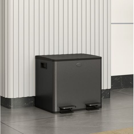 Papelera de pedal doble 2 x 15 L en acero inoxidable negro (1/5)