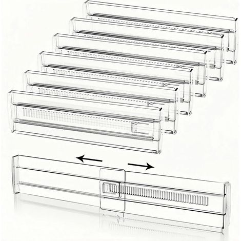 Séparateurs de Tiroir avec Verrouillage Central – Lot de 6 Séparateurs Réglables Transparents (28,5–50 cm) – Plus Stables, Ne Glissent Pas – Organisation Cuisine, Salle de Bain & Bureau (1/5)
