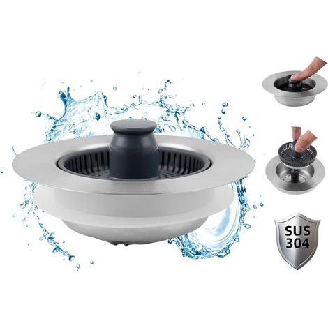 Crépine et bouchon d'évier de cuisine 3 en 1 améliorés, bouchon d'évier escamotable en métal en acier inoxydable, crépine anti-obstruction avec poignée pour drain standard américain de 3-1/2 pouces (1/5)