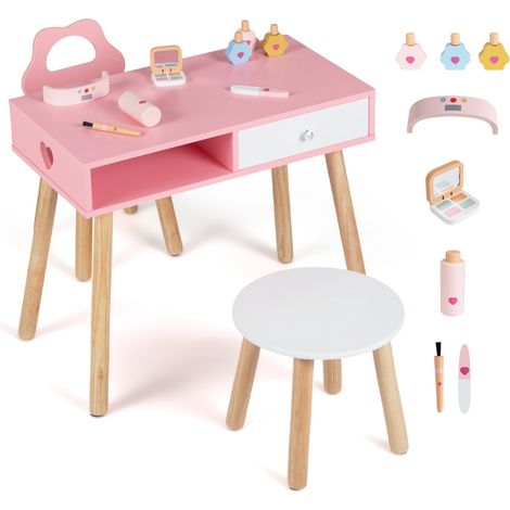 Salon de manucure enfant rose en bois avec chaise, tabouret, accessoires et tiroir