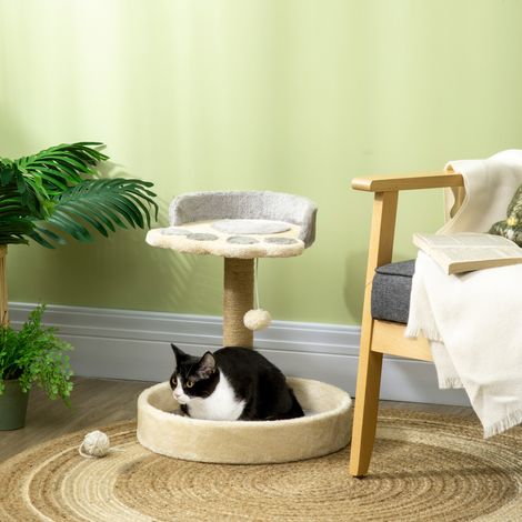 Katzenbaum mit pfotenförmigem Kratzstamm, 2 Plattformen und einem hängenden Pompon, 44 cm hoch, grau