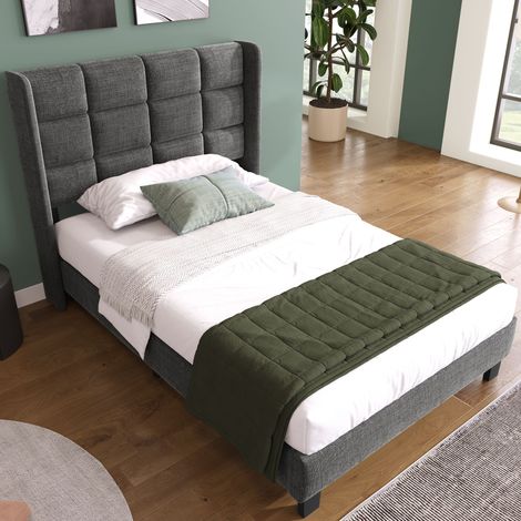 Letto Singolo Moderno 90x200 cm con Testiera Imbottita,Rete a Doghe,Lino grigio,Media Rigidità (Senza Materasso)