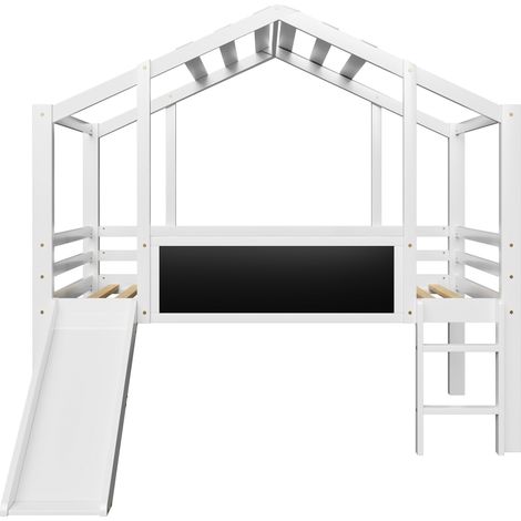 Cama alta infantil 90 x 200 cm con forma de casa, tobogán, escalera y pizarra blanca (1/5)