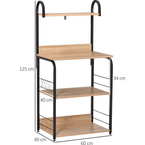 Mensola da cucina a 4 ripiani con ganci, ripiano per microonde, 60x40x125 cm, legno naturale