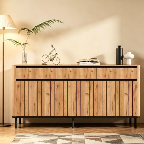 Aparador con 3 Puertas de Lamas y 3 Cajones, 6 Patas de Metal, Bordes Redondeados, para Salón 160×40×73 cm (1/5)