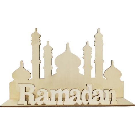 Decoración de mesa para Eid y Ramadán, cartel de madera para mesa "Eid Mubarak", adorno en forma de media luna, estilo musulmán, letras decorativas hechas a mano. (1/5)