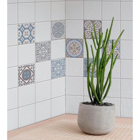 Sticker Carrelage Adhésif 10x10cm x9, Décoratif pour Crédence, Azulejos, Tons Gris, Bleu et Marron Clair. (1/2)