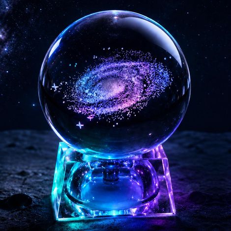 Boule de Cristal Galaxie 8 cm avec Socle LED, Sphère en Verre Gravure Laser 3D, Veilleuse Chambre Bébé et Enfant, Lampe Galaxy Décorative, Cadeau Anniversaire Noël pour Garçon et Fille (1/5)