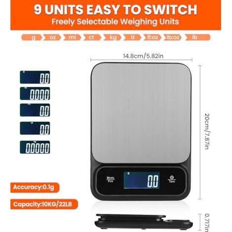 Balance de cuisine numérique imperméable, haute précision 0.1g / capacité 10kg, plateau en acier inoxydable, écran numérique rétroéclairé, rechargeable par USB pour la cuisine et la pâtisserie (1/5)
