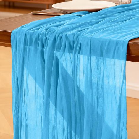 Chemin de Table Bleu Clair, 300 x 90 cm Style Bohème Chemin de Table en Gaze pour Mariage, Fête, Noël et Le Nouvel, Enterrement de Vie de Jeune Fille Décoration de Table de Cuisine