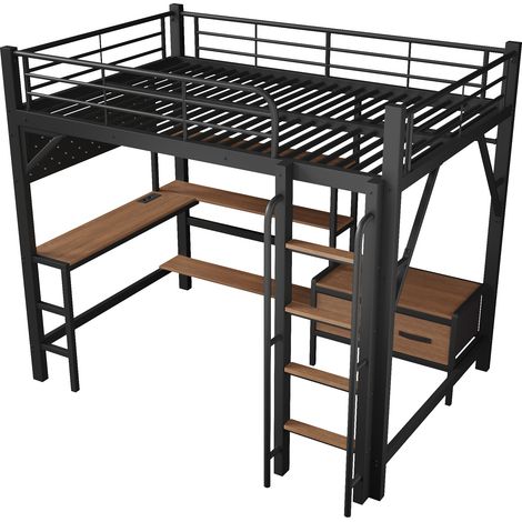 Hochbett 140x200 cm aus Metall und MDF in Schwarz mit Schreibtisch, LED, USB und Stauraum (1/5)