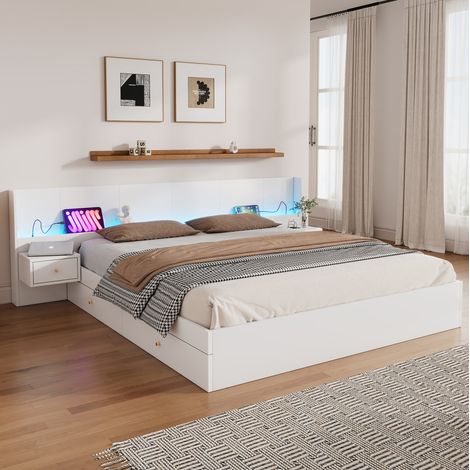 Cama doble moderna 180x200 cm de MDF blanco con somier de láminas, USB, enchufes, LED por app, 2 mesitas y 2 cajones (1/5)